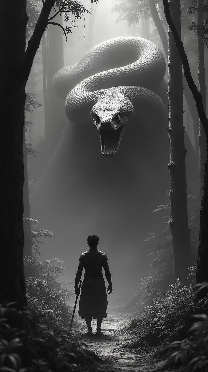 Ancient Tamil Village Warrior Confronting Giant Cobra in Forest Path Black and White