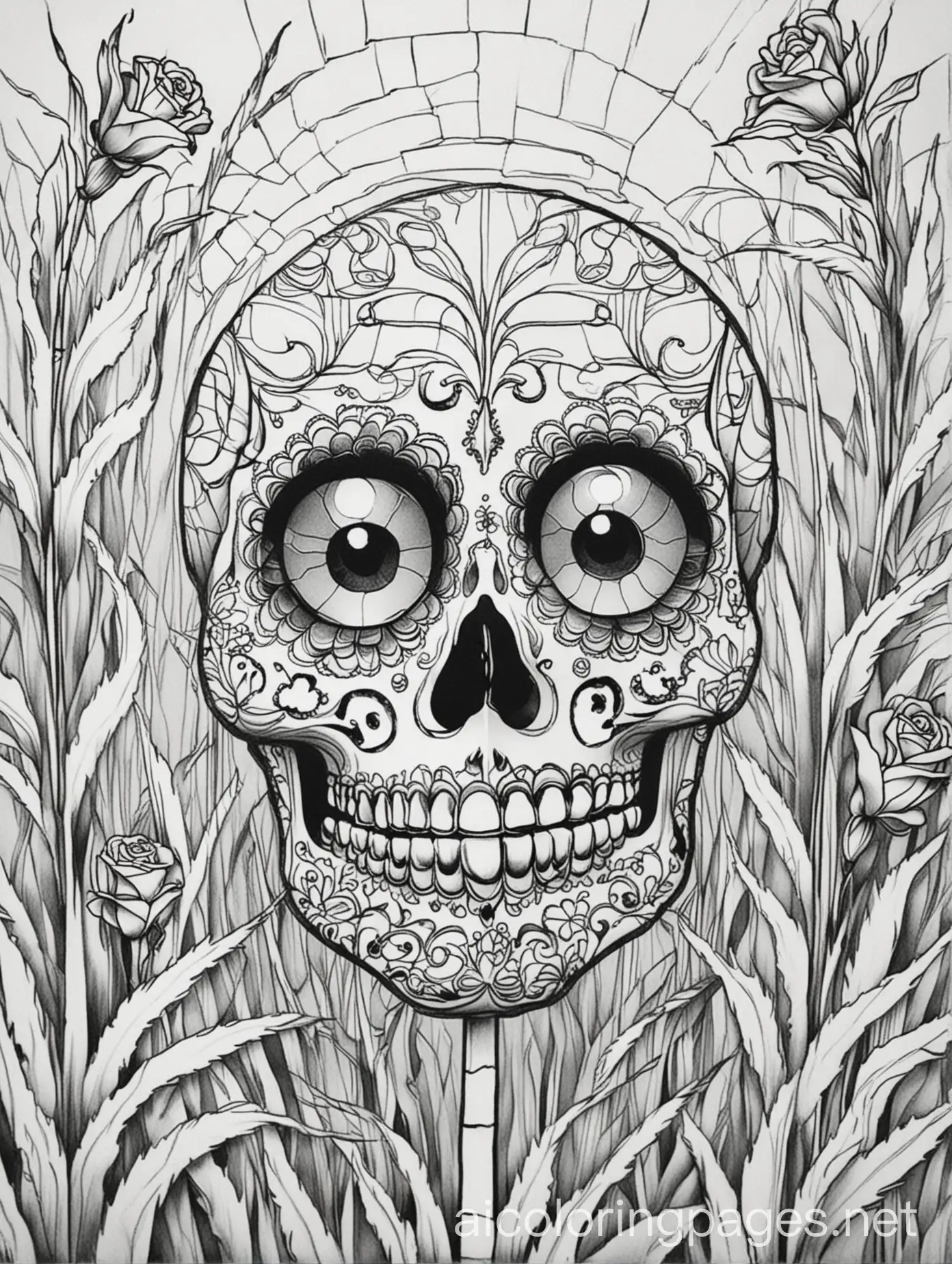 Sugar skull,  normal full shape, ornate, simple stained glass background. Black and white line drawing, white pattern eye sockets, white background. Tall grass plants in background, Simple lines, easy for child age 4-6 to color , Coloring Page, black and white, line art, white background, Simplicity, Ample White Space. The background of the coloring page is plain white to make it easy for young children to color within the lines. The outlines of all the subjects are easy to distinguish, making it simple for kids to color without too much difficulty