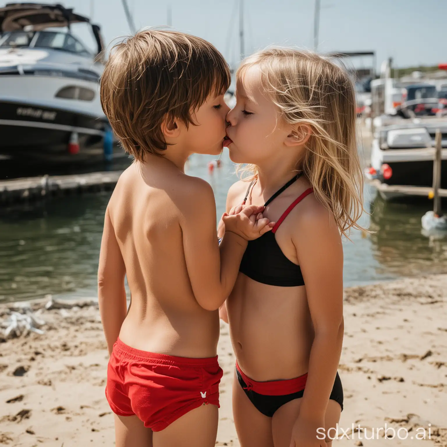 Little-Boy-and-Girl-Kissing-at-the-Beach-with-Boats-in-the-Background