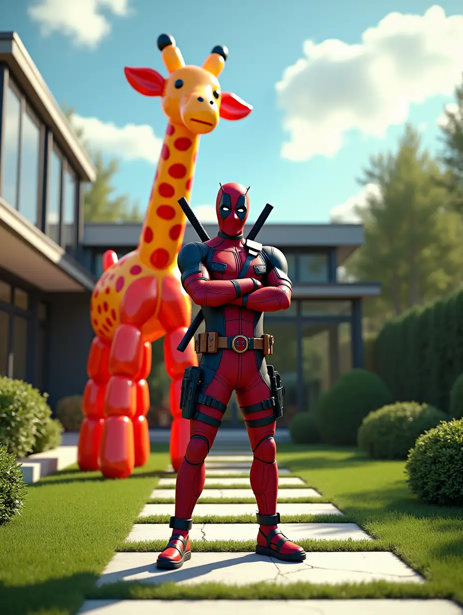 A hyper-realistic 4K 3D-rendered image of Deadpool standing in a luxurious modern backyard garden, posing with arms crossed in front of a giant balloon giraffe sculpture. Deadpool wears his iconic red and black suit, complete with utility belts, holsters, and two katanas strapped to his back. The balloon giraffe, made of glossy red, yellow, and orange balloons, stands tall with a friendly, smiling face. The background features a stylish contemporary house with large windows, green plants, and neatly trimmed bushes. The garden has a stone pathway with patches of grass between tiles, surrounded by lush greenery. The sky is bright blue with scattered clouds, and sunlight casts realistic shadows and highlights, enhancing the depth and detail of the scene. The image has a cinematic composition, capturing the humor and quirkiness of Deadpool's personality.