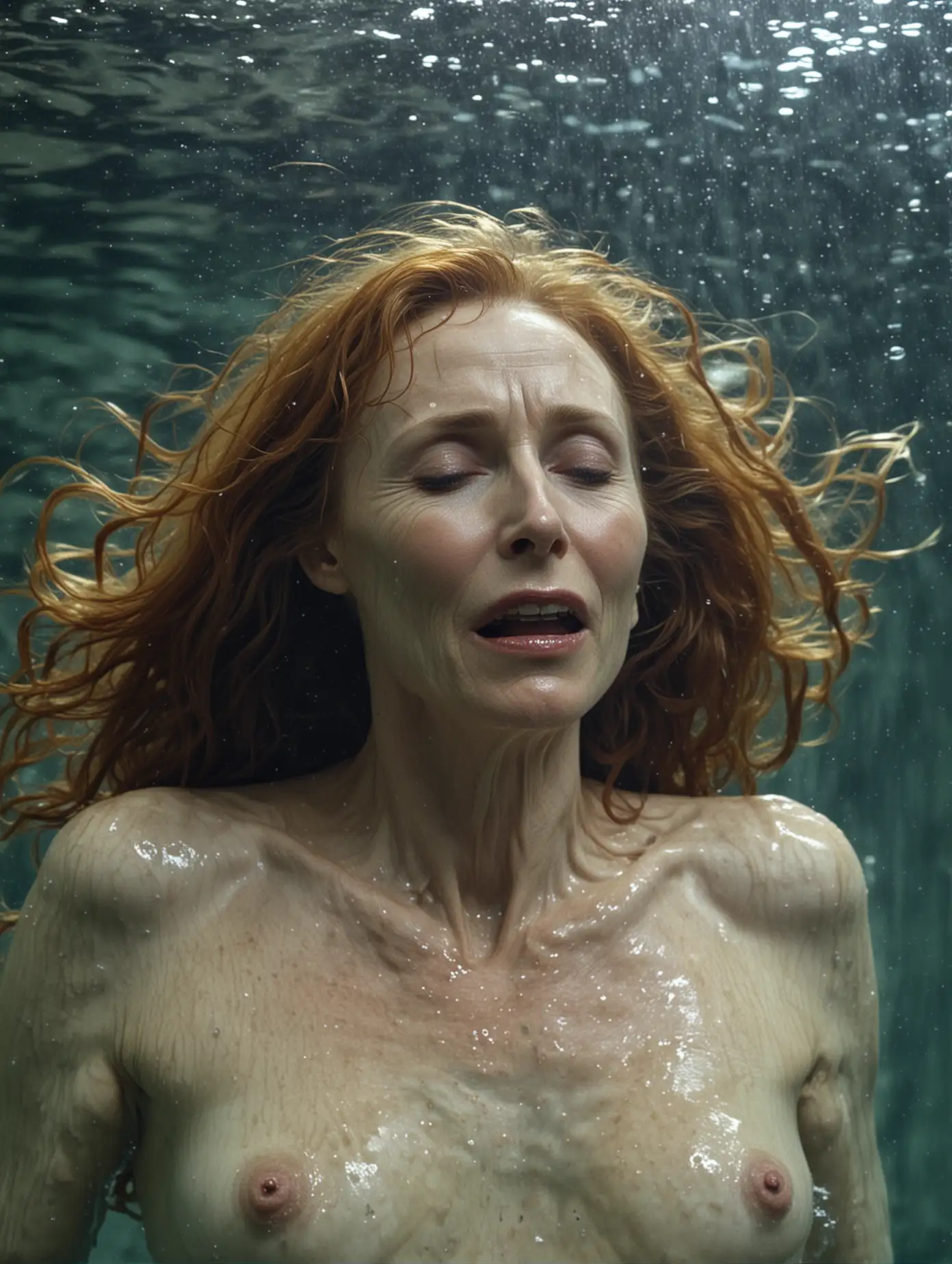 Gates McFadden, nude, under water, in pain, exhausted