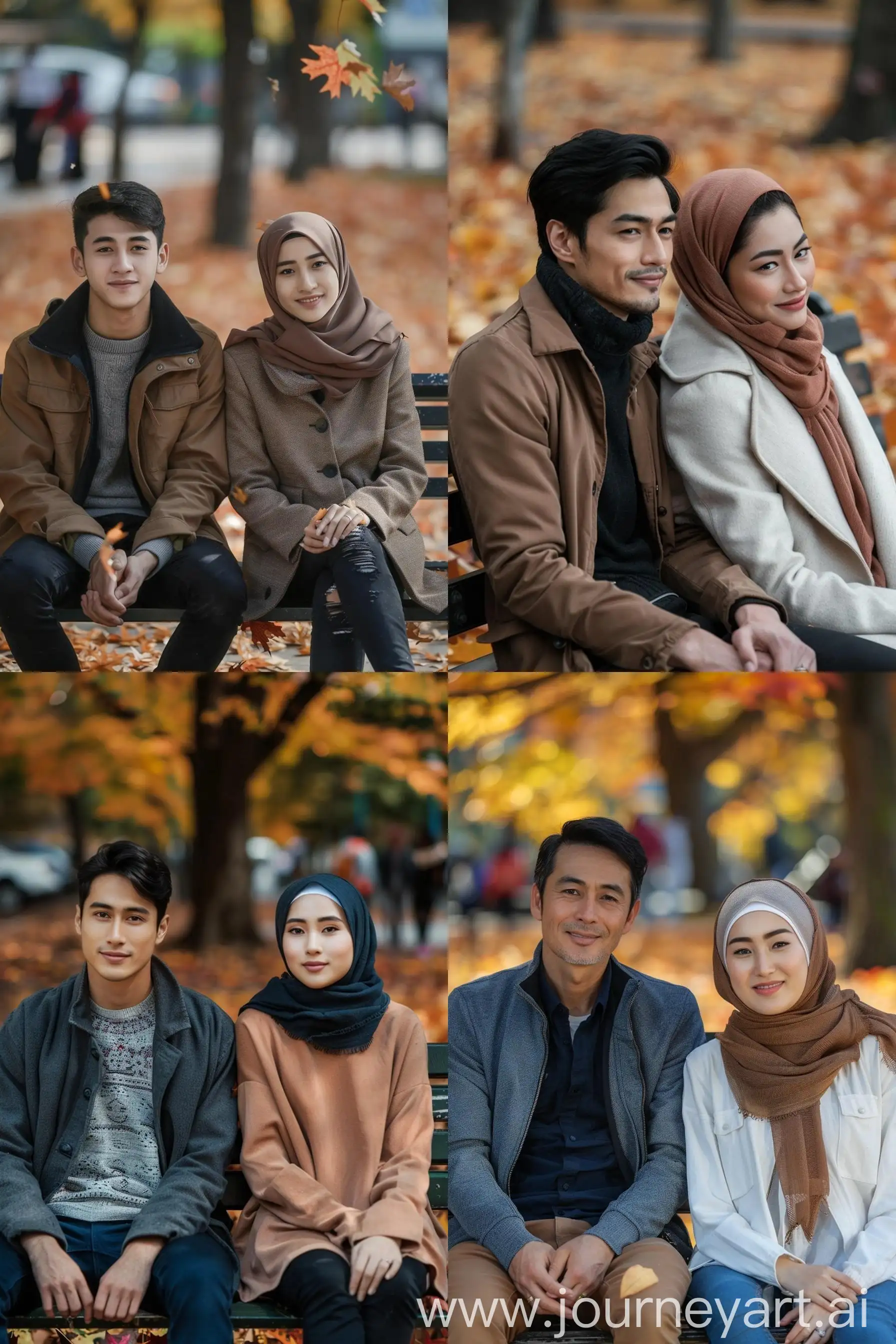 Young-Asian-Man-and-Muslim-Woman-Sitting-on-Park-Bench-in-Autumn