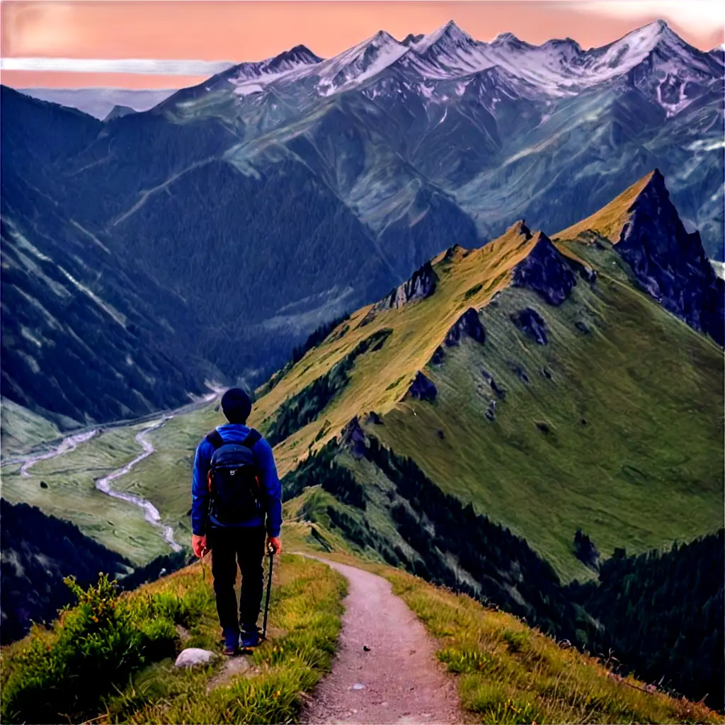 A lone traveler stands on a rugged mountain trail, surrounded by towering snow-capped peaks and lush green valleys below. The sky above is a clear, crisp blue with wisps of white clouds. The traveler is dressed in hiking gear, including a backpack, sturdy boots, and a woolen hat. A walking stick is in hand, and a map peeks out from the backpack. The sun is either rising or setting, casting a warm, golden light that bathes the scene in a serene glow. Wildflowers and small streams can be seen along the path, and distant mountain ridges fade into the misty horizon