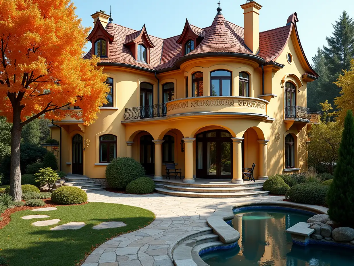 Crooked House, garden  Bepflanzung-Sauber, with gilded stucco, large windows with glass closed, curved, smooth window shapes, winding grand entrance staircase from marble, Complex eckigen Dach with pond, lanterns, bench of gold, Orange tree 4K resolution colorful superWeitwinkel shots