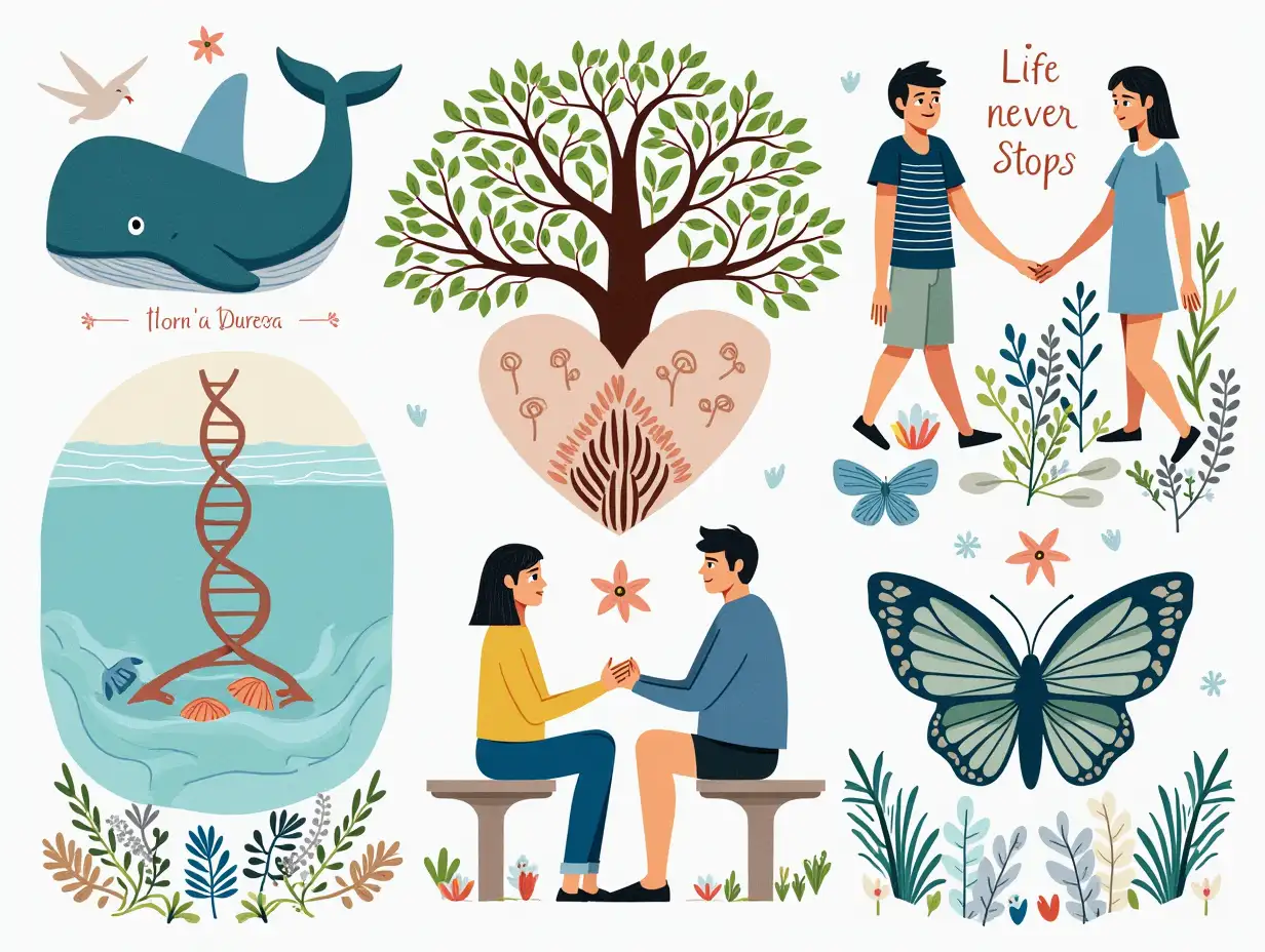 Illustration elements: whale, sea creatures, donors and recipients, heart or love symbol, tree of life, contrast of light and darkness, holding hands, flowers and plants, DNA spiral, butterfly, dove of peace, text elements: ‘life never stops’, ‘love lasts’