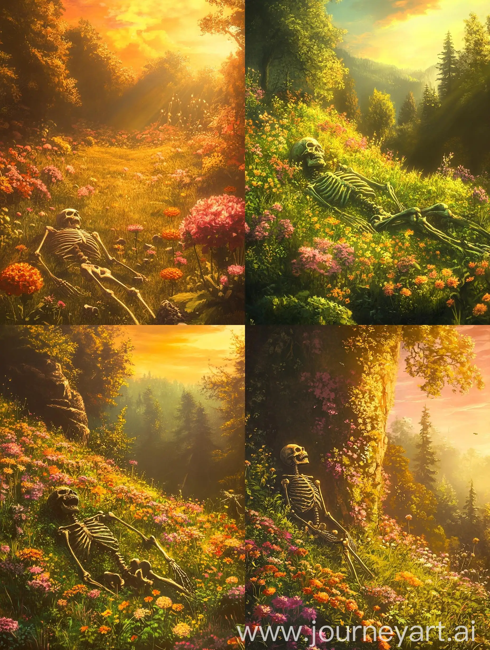 70s-Fantasy-Art-of-a-Skeleton-Surrounded-by-Vibrant-Flowers