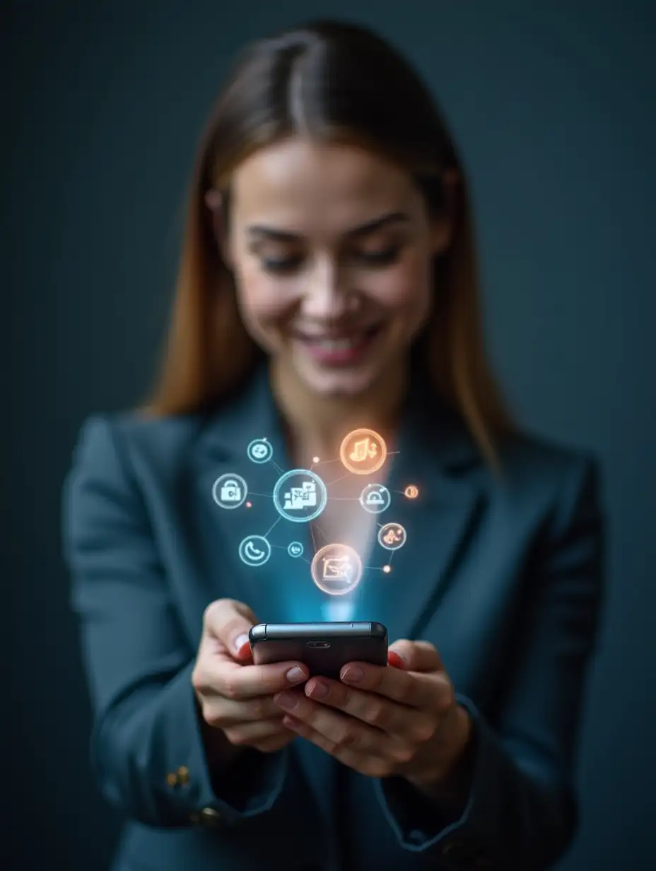 Professional women holding a Smart phone looking at the phone screen seeing  icons of mobile applications  glowing and lifting from the screen