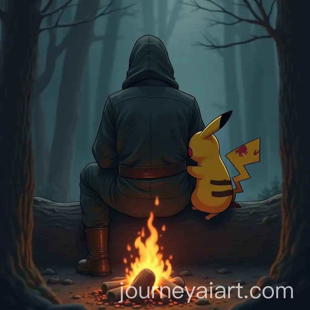 Man-in-Military-Fatigues-with-Pikachu-by-the-Fire-in-the-Woods