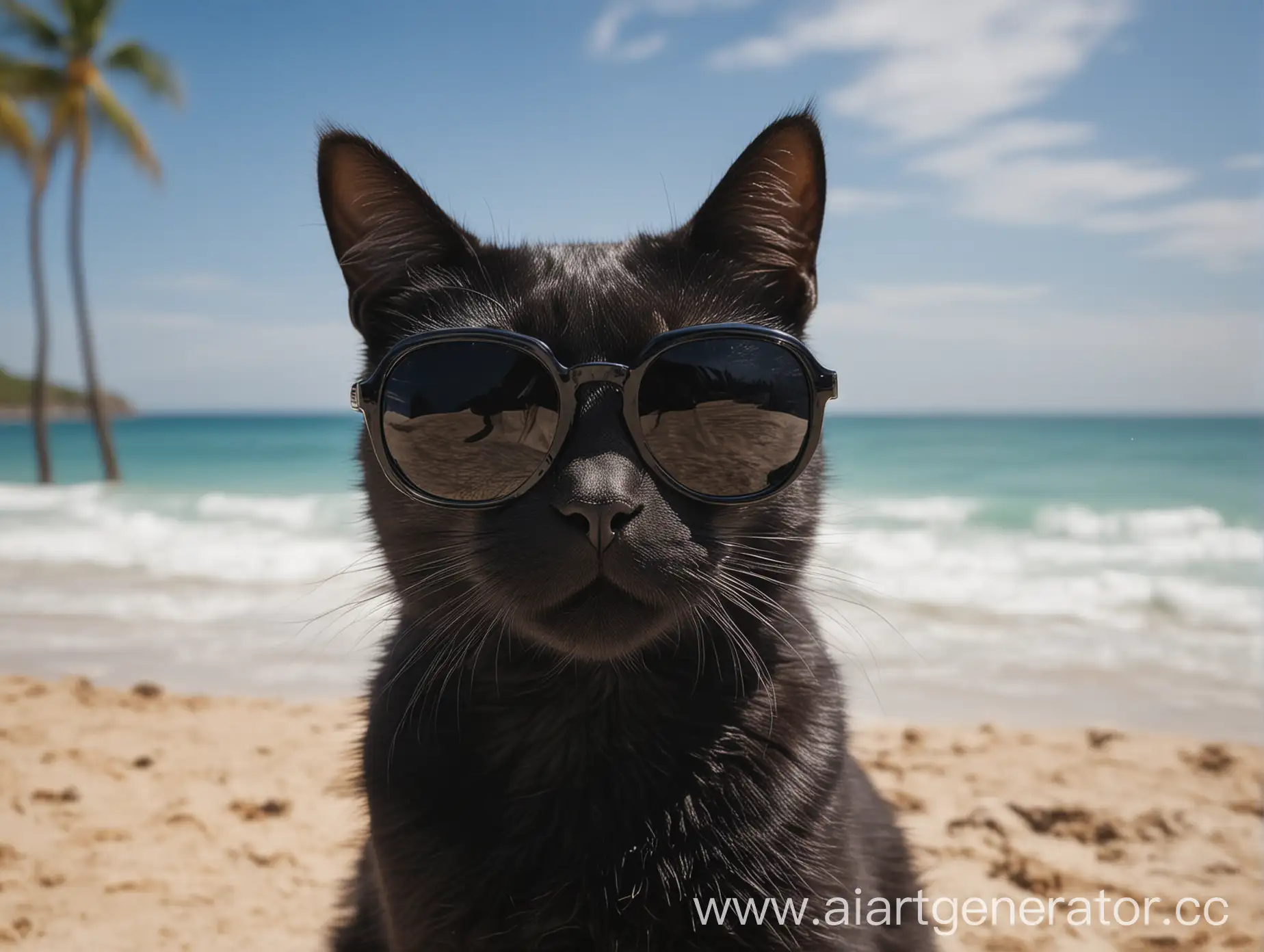 Black cat in black sunglasses, beach background