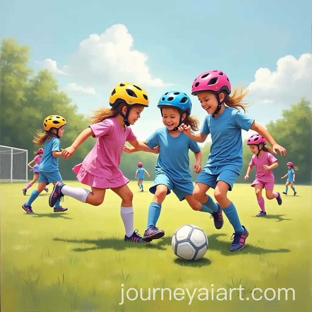 Little-Girls-Playing-Tackle-Soccer-in-Bike-Helmets-and-Soccer-Dresses
