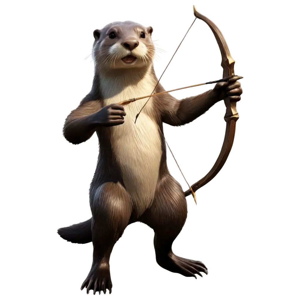 Warrior-Otter-PNG-Image-Otter-with-Bow-and-Arrow-on-Riverbank-with-Mountains-and-Birds