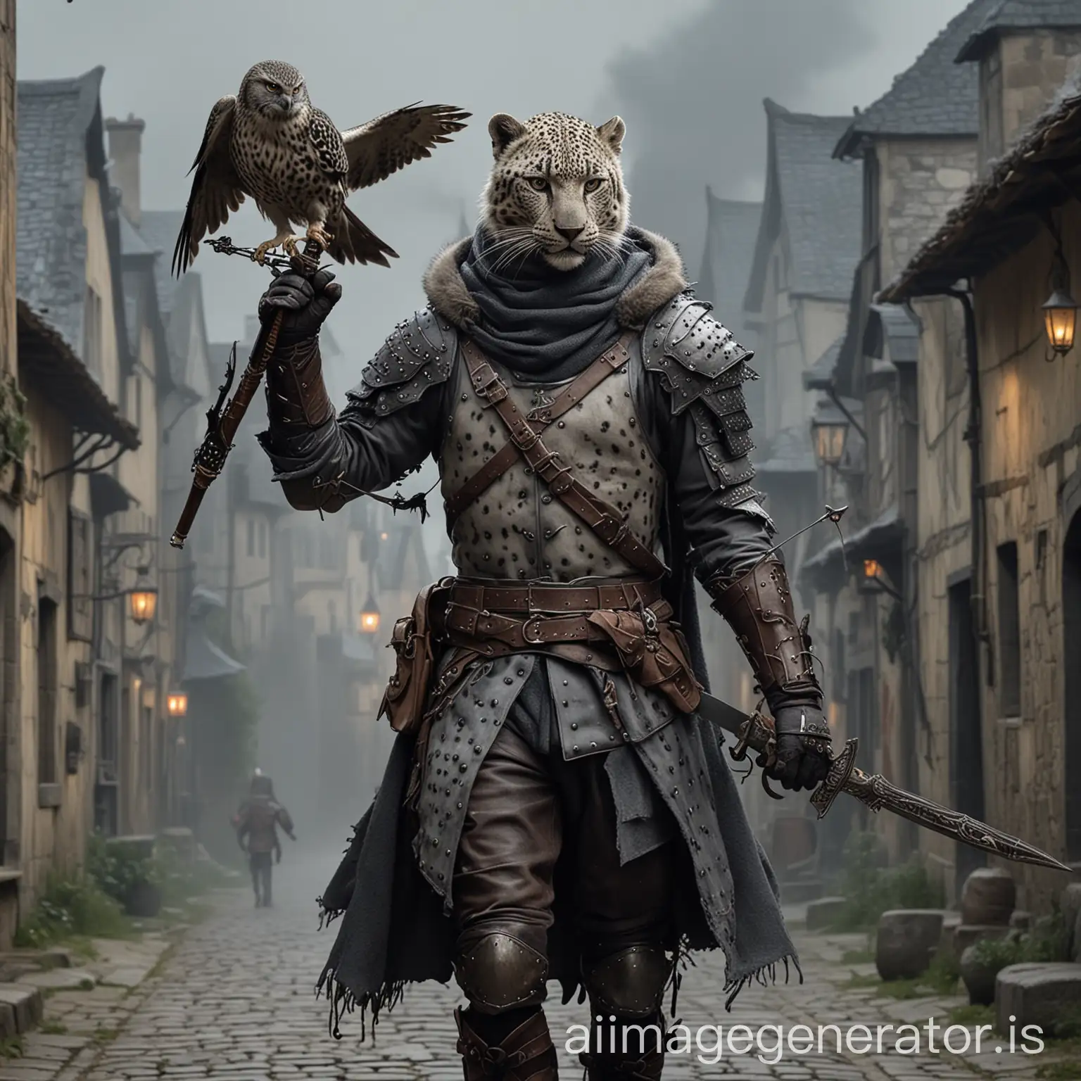 A realistic full body image of a male leopard person with dusky-grey leopard blotches and irregular spots fur, with a medieval soft leather armor, with a grey hood over his head, using a rapier made of dark smoke in one hand, and a hand crossbow on the other, with a little owl flying behind him, in a small medieval village as the scenario, in the night, with the moon on the sky, soft leather armor, soft grey leather armor, holding a hand crossbow, holding a rapier, grey fur face, grey fur hands, with a dark grey fur, face under the dark hood, standing in a dark medieval street