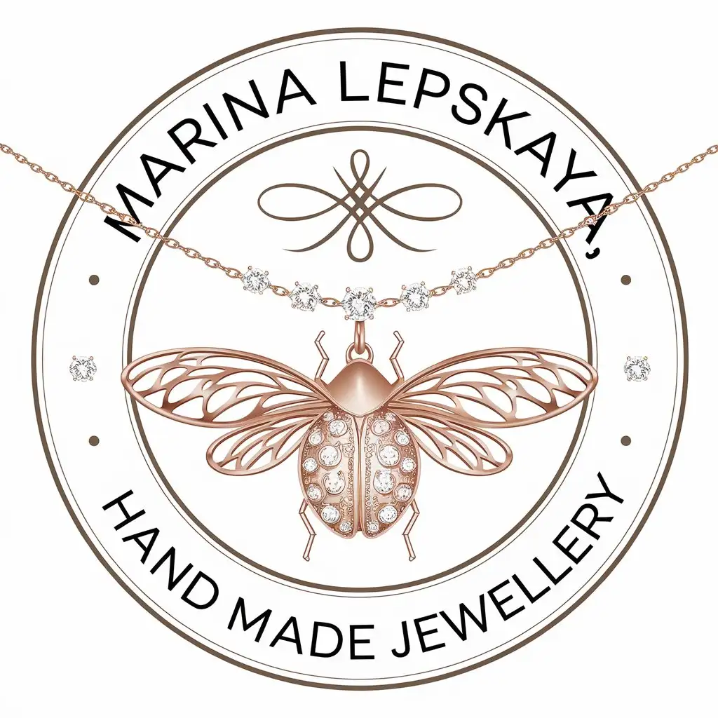 a vector logo design,with the text "MARINA LEPSKAYA, hand made jewellery", main symbol:a necklace with diamonds and a pendant in the form of an openwork May bug with spread wings,Moderate,be used in Beauty Spa industry,clear background