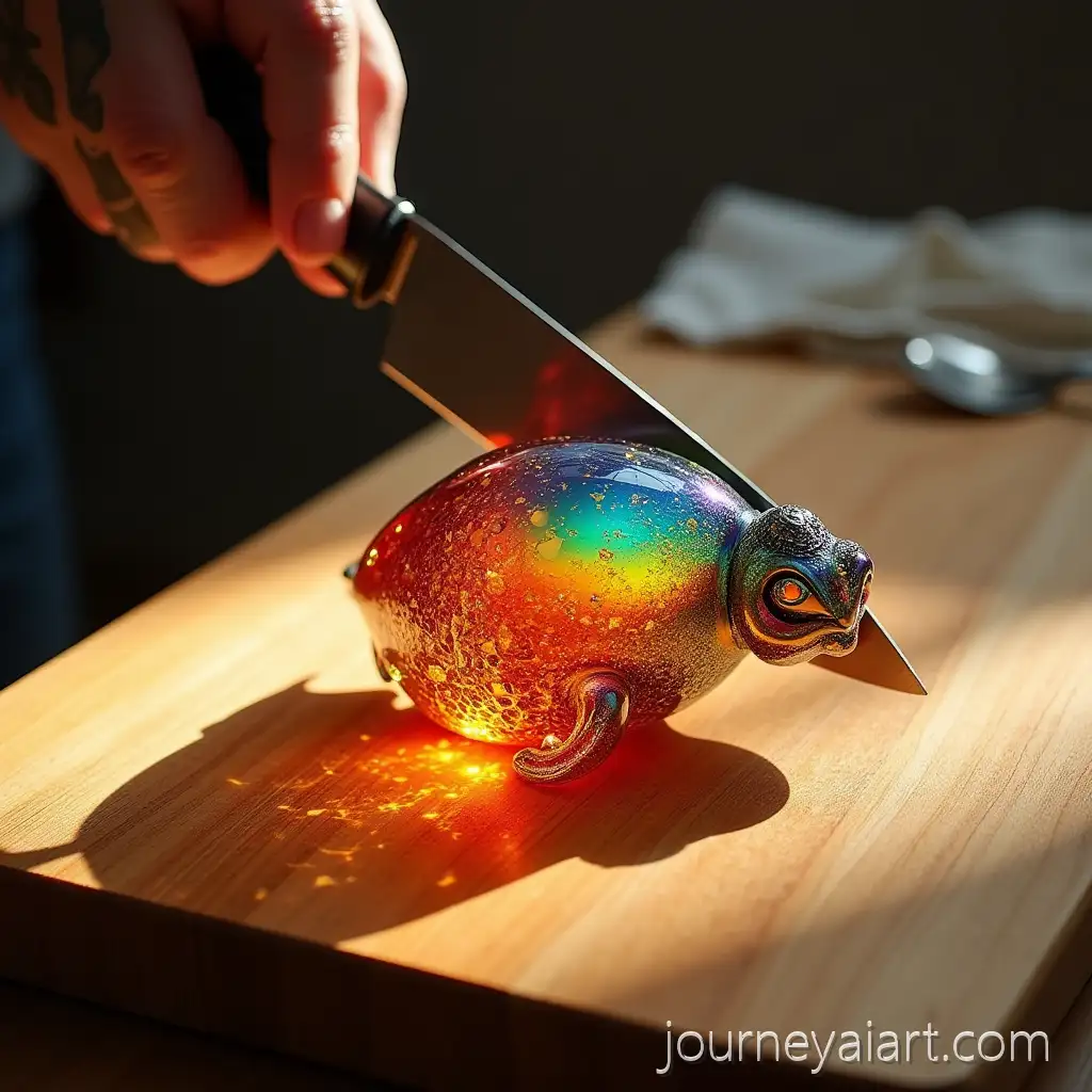 CloseUp-of-a-ShAI-Image-Prompt-Expansionimmering-Vulkan-Glass-on-a-Wooden-Cutting-Board-with-Sunlight-and-Dramatic-Shadows