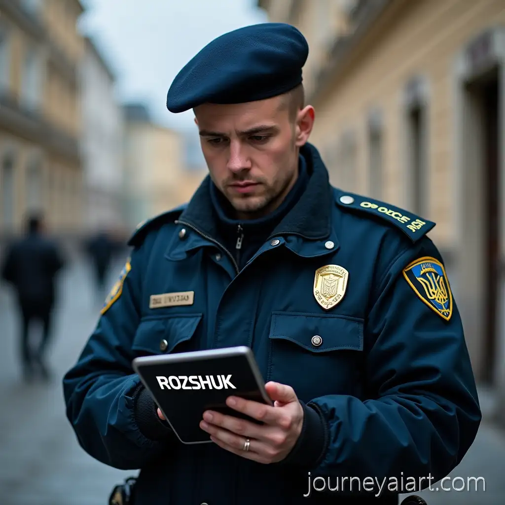 Ukrainian-Police-Officer-in-Uniform-Reviewing-Tablet-with-ROZSHUK-Text