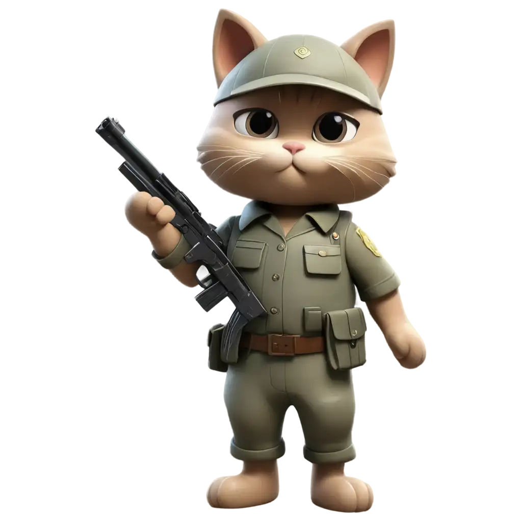 little cat in army  dress with gun 3d cartoon