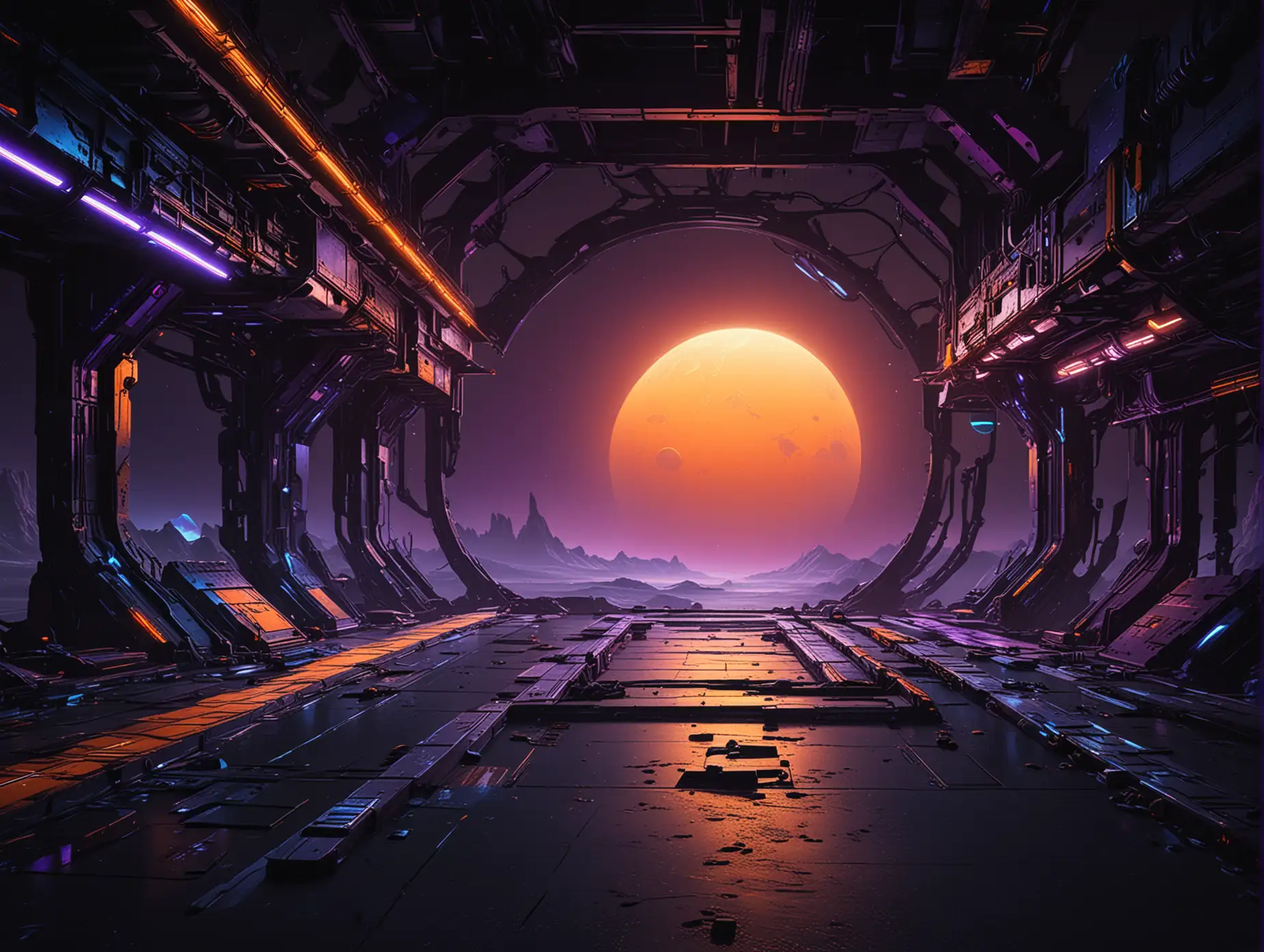 dark futuristic place with platform and planet view with orange , blue , shade of purple and dark metalic colors