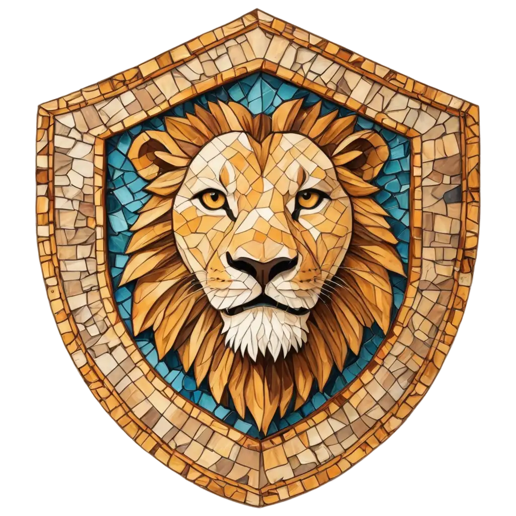 PNG-Image-Lions-Face-in-Shield-Emblem-Old-Mosaic-Church-Window-Style