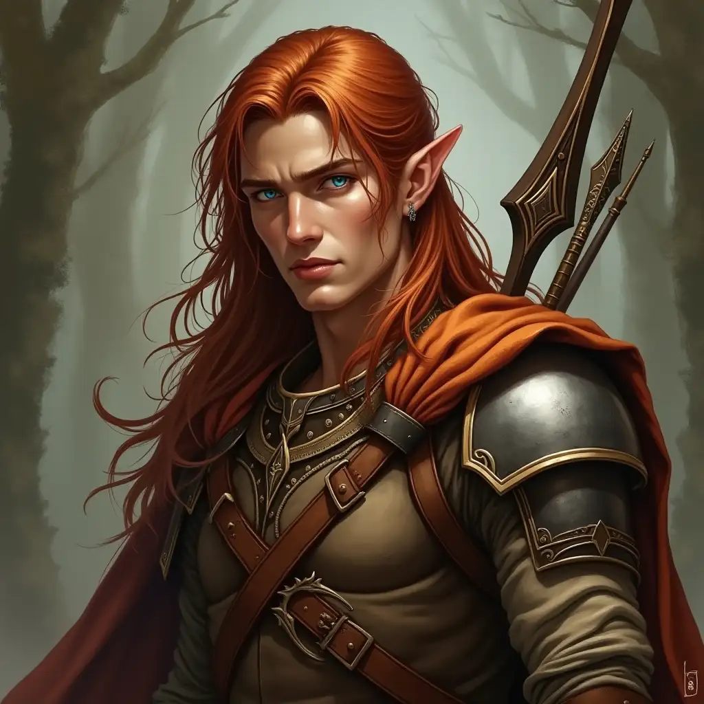 Noble Male Elf Soldier in Elegant Brown Armor