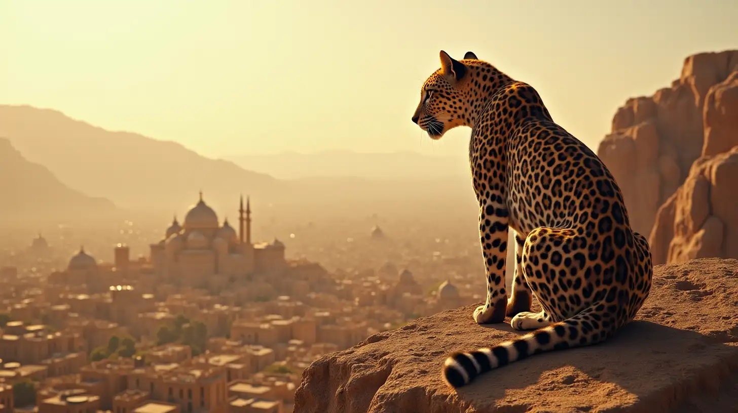 Leopard Overlooking Ancient Middle Eastern City from Mountainous Region