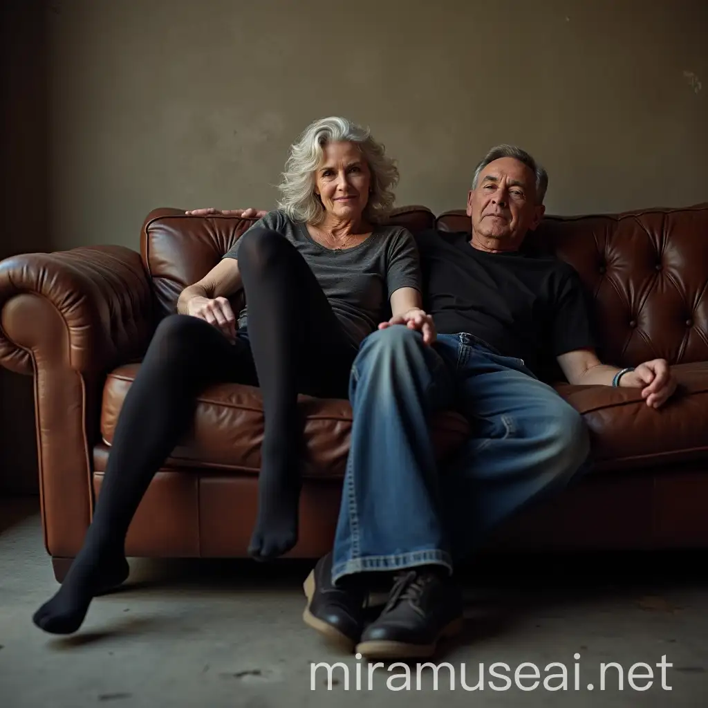 full body portrait of married couple, beautiful tall and fit, 62 year old woman, with wavy silver hair parted of the side, laying on leather sofa with her black wool reinforced toe pantyhose tights up on the lap of her 57 year Old man , wearing long Levi blue jeans and Black tee-shirt, the sofa is on a concrete floor of old warehouse, both looking at camera