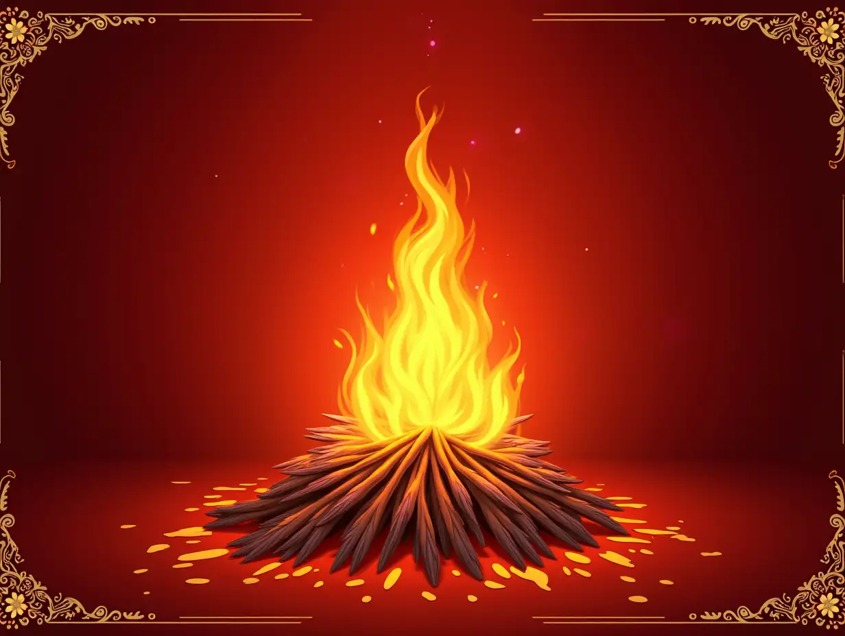 Design an elegant invitation card for a Lohri festival event. Centerpiece should be a beautifully decorated bonfire with glowing flames. Use a color palette of warm reds, vibrant yellows, and golden highlights. Include traditional symbols like wheat sheaves and akalas. The card should have a sophisticated yet festive feel, with intricate decorative borders, uhd, 128k