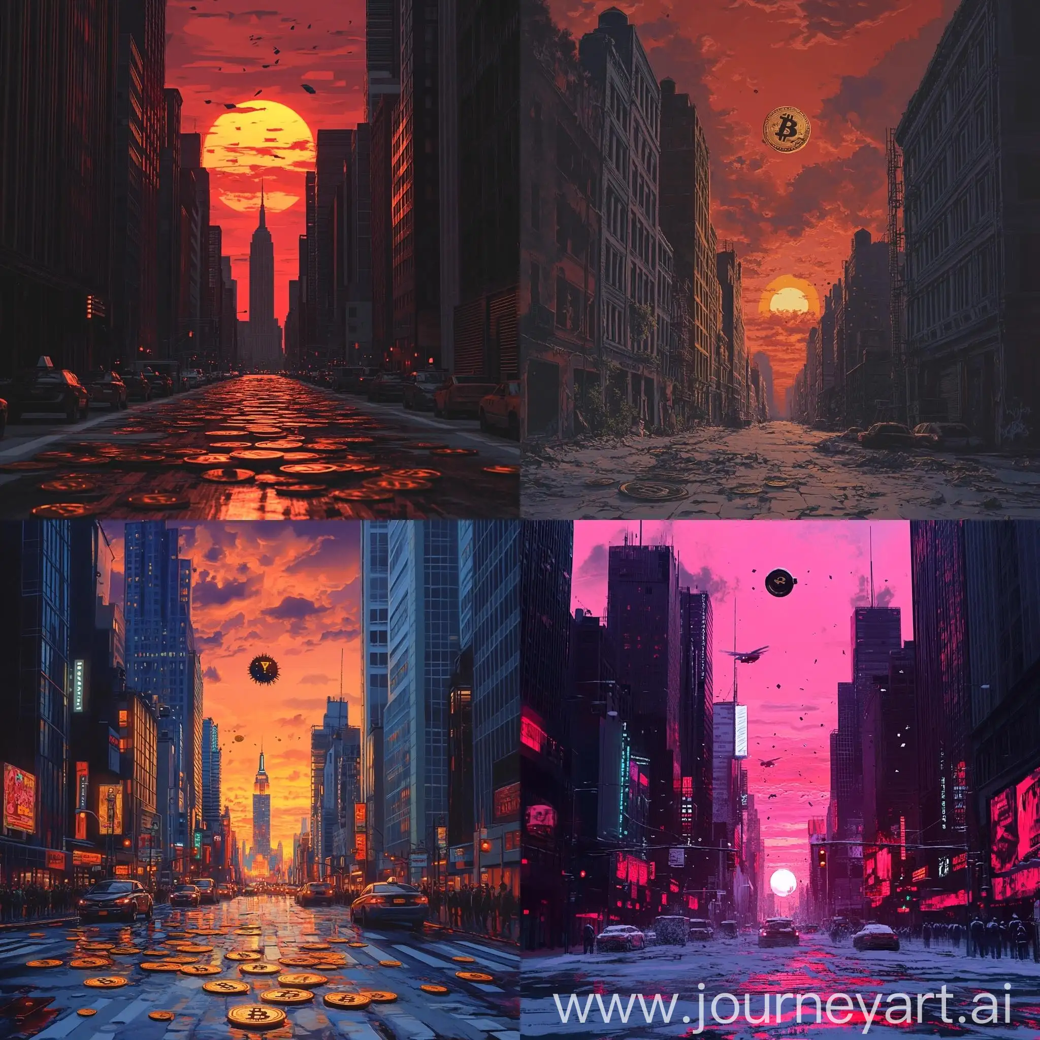 Crimson-Sunset-over-Empty-Streets-in-New-York-City-with-Bitcoin-Scatter