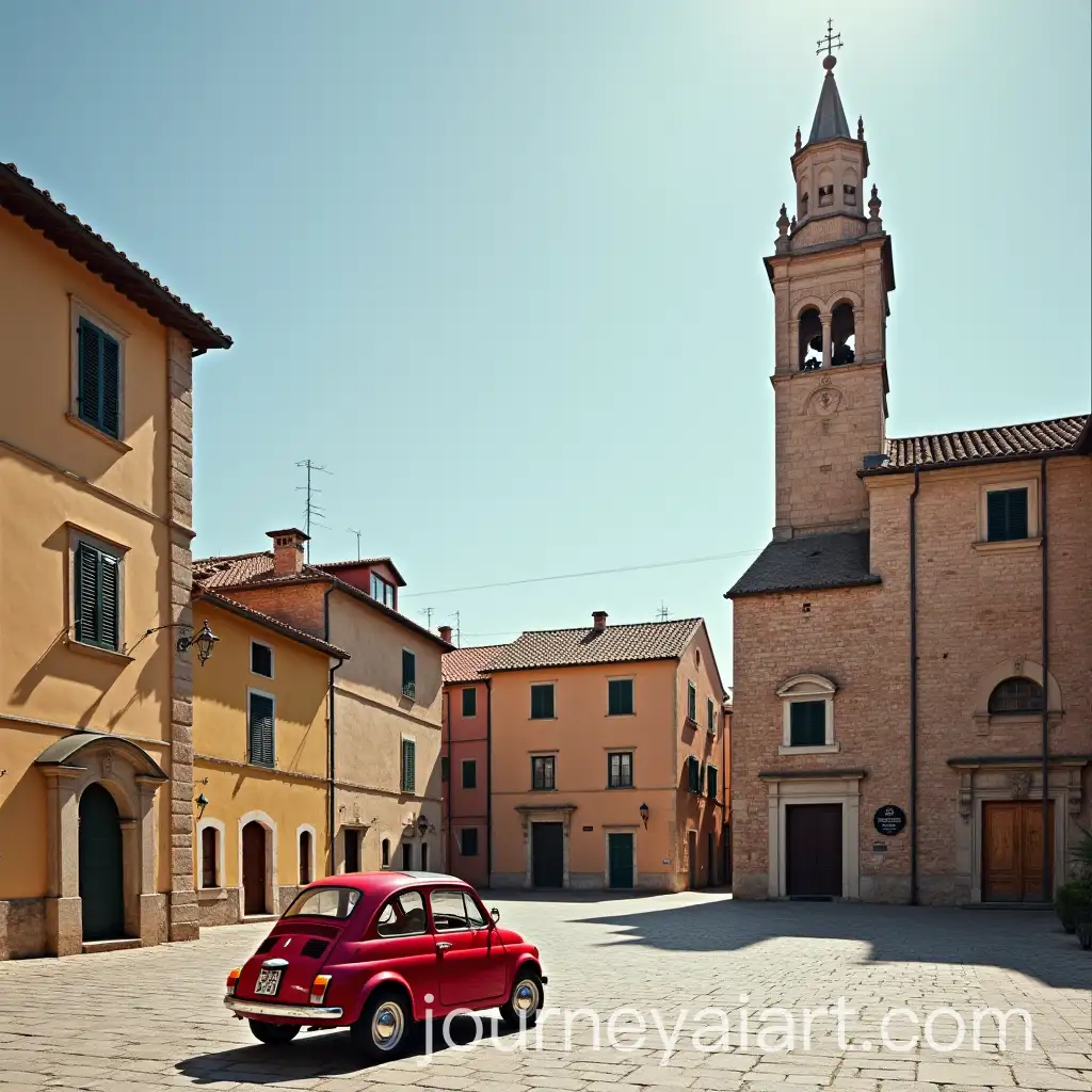 Old-Red-Fiat-12-Parked-in-Front-of-Bell-Tower-Square