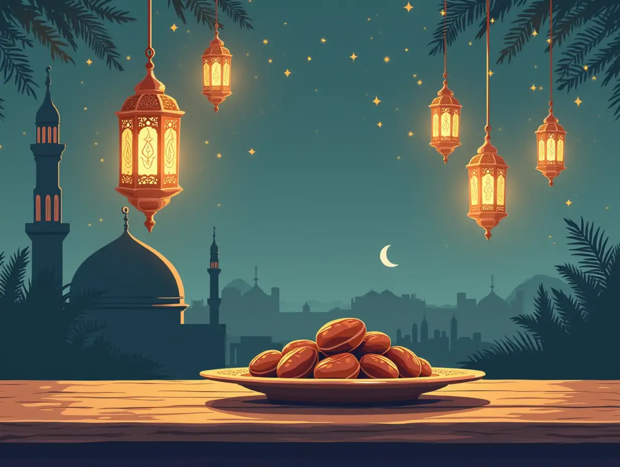 flat illustration featuring a serene Ramadan scene. The background showcases the delicate outline of a dome and minaret emerging subtly from the bottom of the canvas, drawn in soft, flowing lines and warm earthy tones. From the top, intricately designed lanterns hang gracefully, illustrated with bold line art and filled with geometric patterns. They glow faintly in soft golden hues. In the center, a traditional plate overflowing with dates is illustrated with intricate patterns, rendered in warm, flat colors. The background is a textured gradient of deep blue to gold, with subtle shading to enhance the illustrative style. Highly detailed, artistic, eye-catching, very attractive, 128k uhd