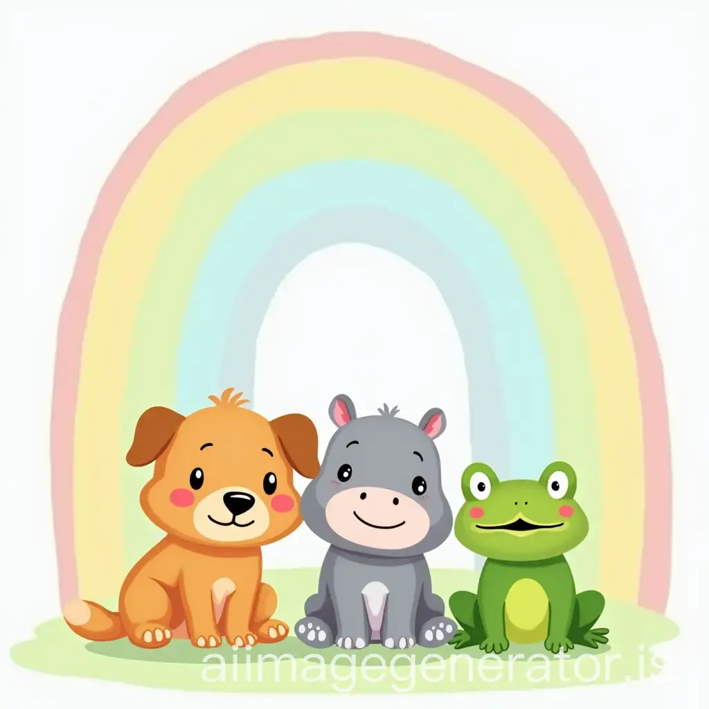 Cartoon-Animals-Sitting-Under-a-Rainbow-Dog-Cat-Hippo-and-Frog