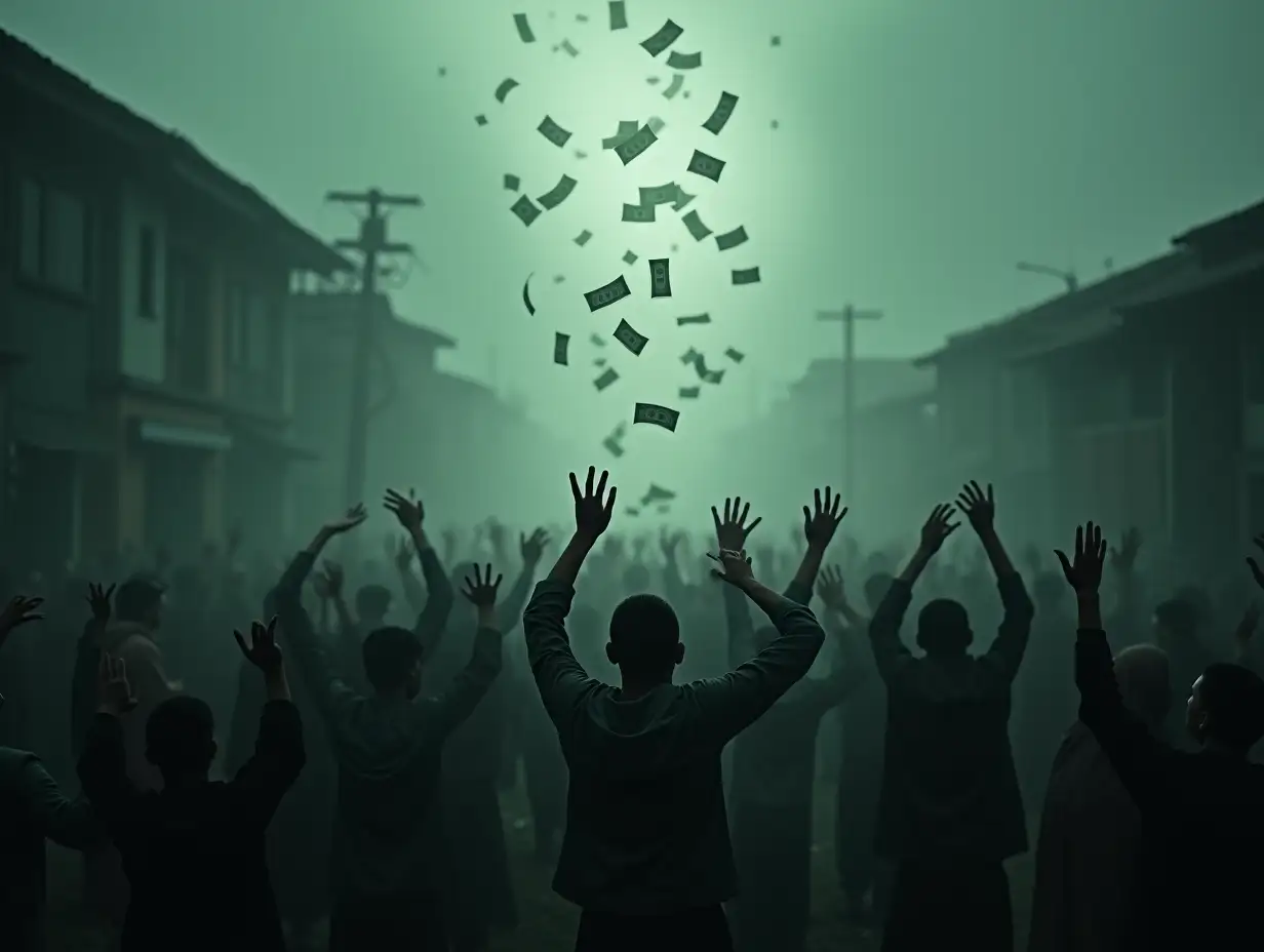 A realistic art photo of a Gray color and foggy evening in., a close-up shot of pale white skinned large group gathered and looking up and rise hands opening to reveal a cascade of lot of money raining down upon the villagers everywhere . .show their faces highlight their unity in rural street plain, the dark black cloudy sky. with intricate details , greenish ambiance suggests a foggy or polluted atmosphere., . Muted greens and grays dominate, adding to the eerie allure. the surreal and enigmatic atmosphere makes it intriguing