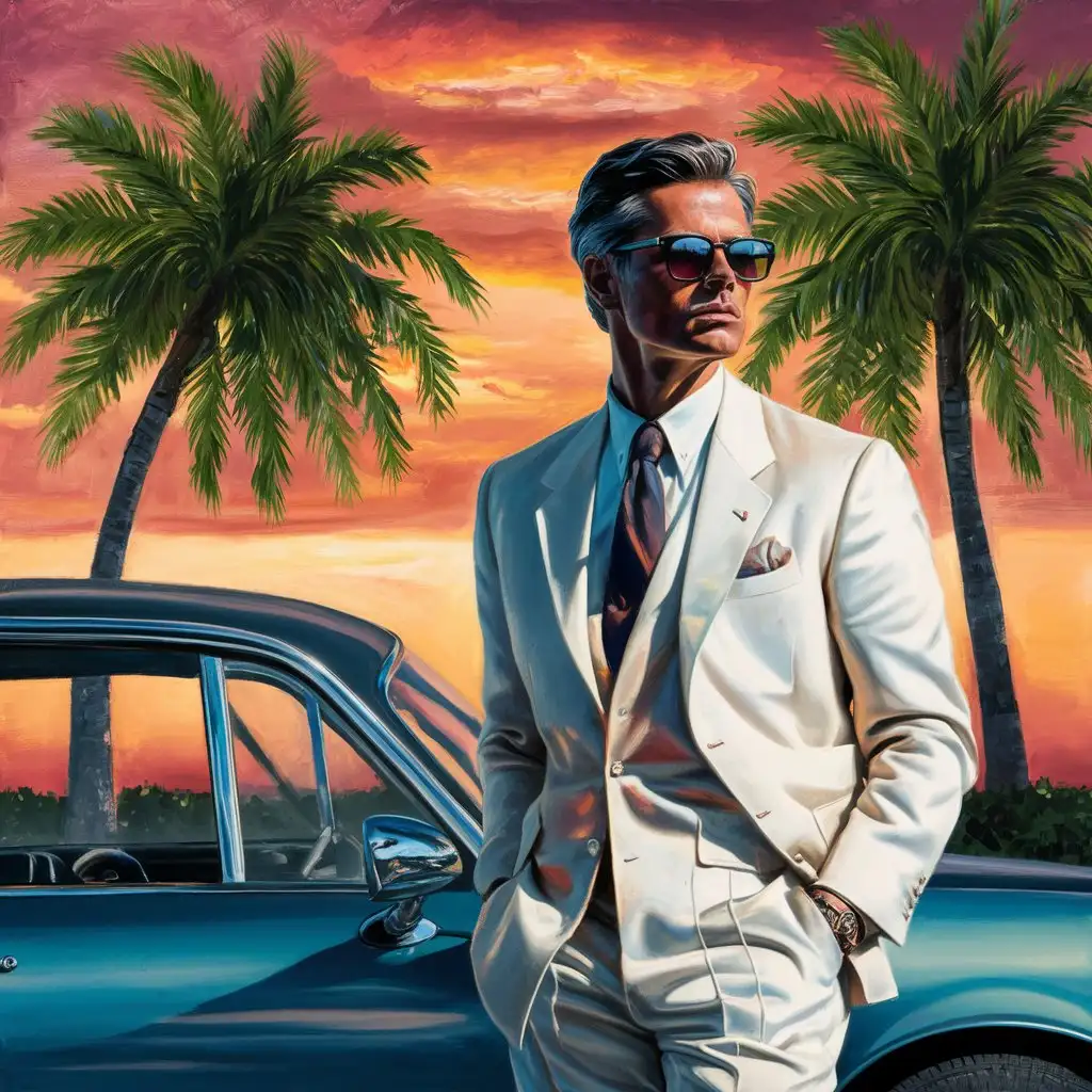 Man-in-Suit-and-Sunglasses-by-Classic-Car-at-Sunset