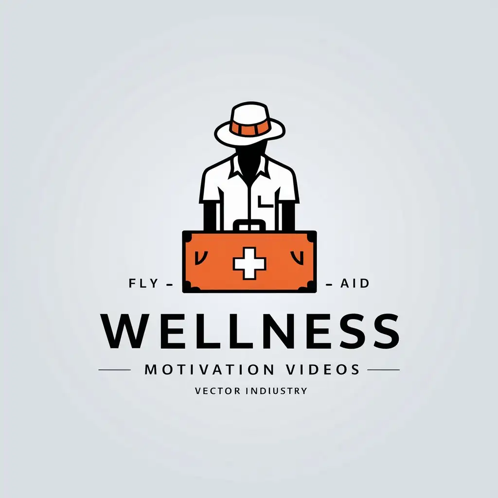 LOGO Design for Wellness Motivation Videos Man Flying in White Shirt Summer Hat and First Aid Suitcase Symbol for Medical Industry