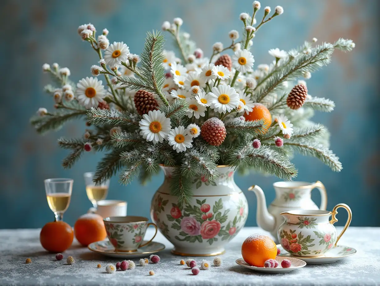 A bouquet of snowy fir branches with cones, intertwined with sea buckthorn branches and daisies in the most exquisite vase. Oranges, grapes. Wine glasses, tea cups, a teapot with hohloma print, beautiful jug, candelabra. Enchantingly beautiful, finely detailed, ultra-detailed, frosty, fluffy, magical, fabulously beautiful. Blurred, colorful fond.