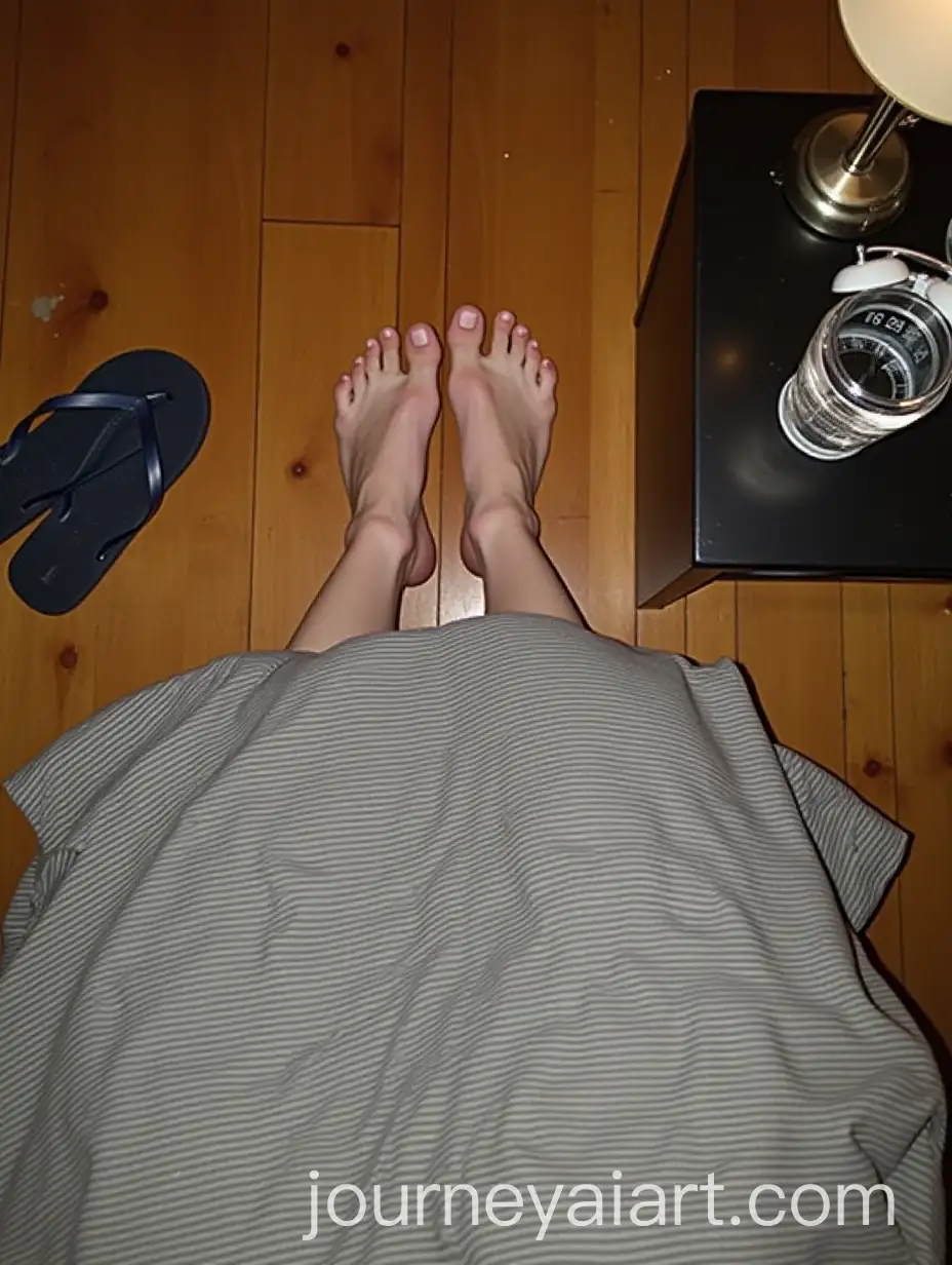 Bare-Feet-and-Cozy-Morning-Setting-with-Alarm-Clock-and-FlipFlops