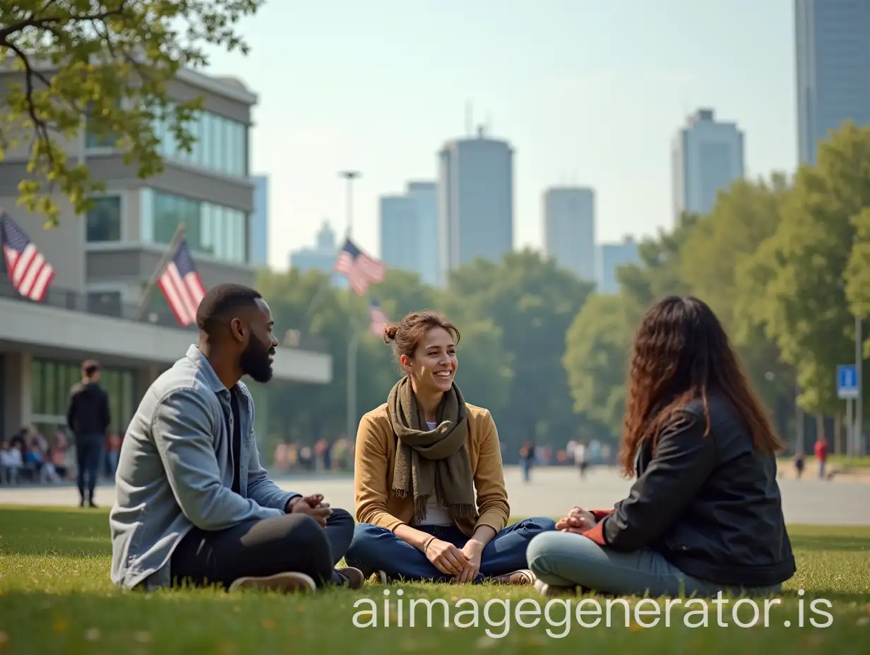 Diverse-People-Sharing-Friendly-Moments-in-a-Peaceful-Park-with-US-Flags