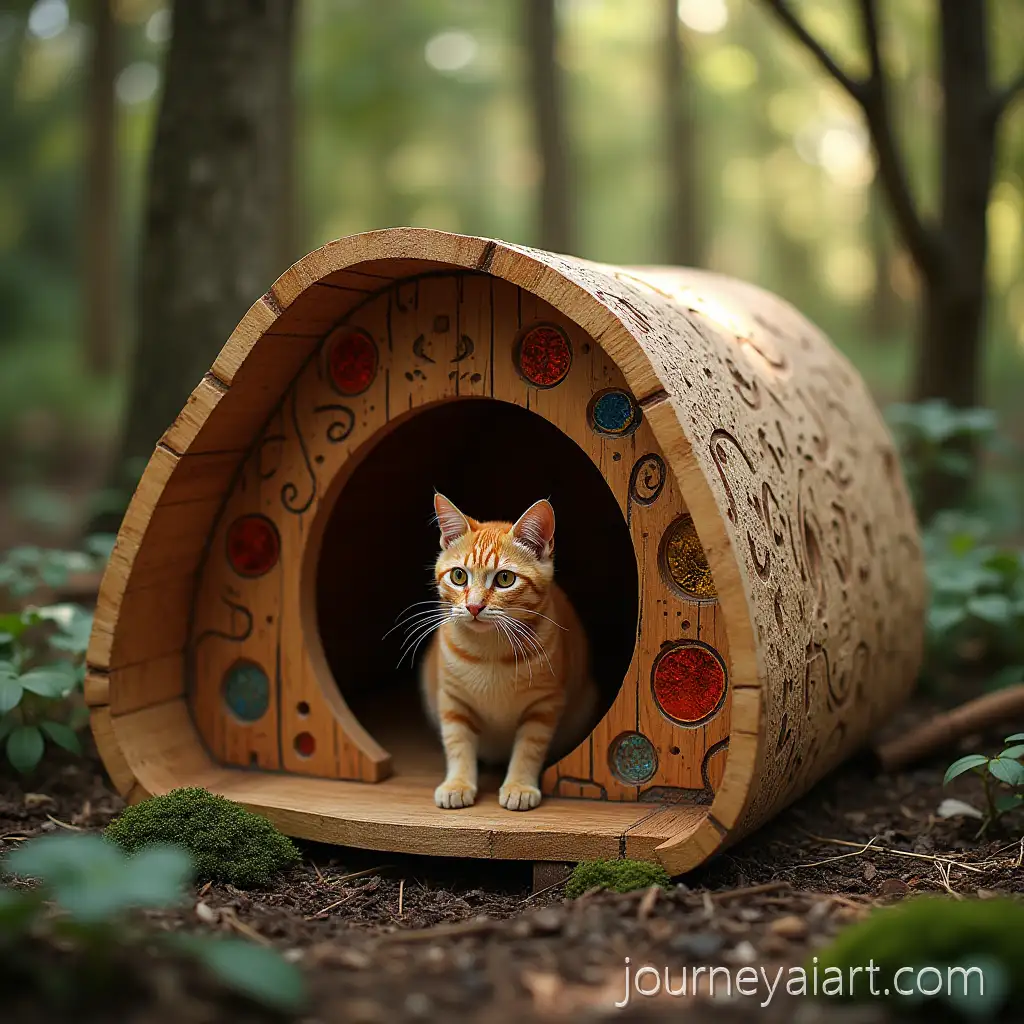 HandCarved-Wooden-Pet-Shelter-with-Aboriginal-Patterns-in-Forest-Setting