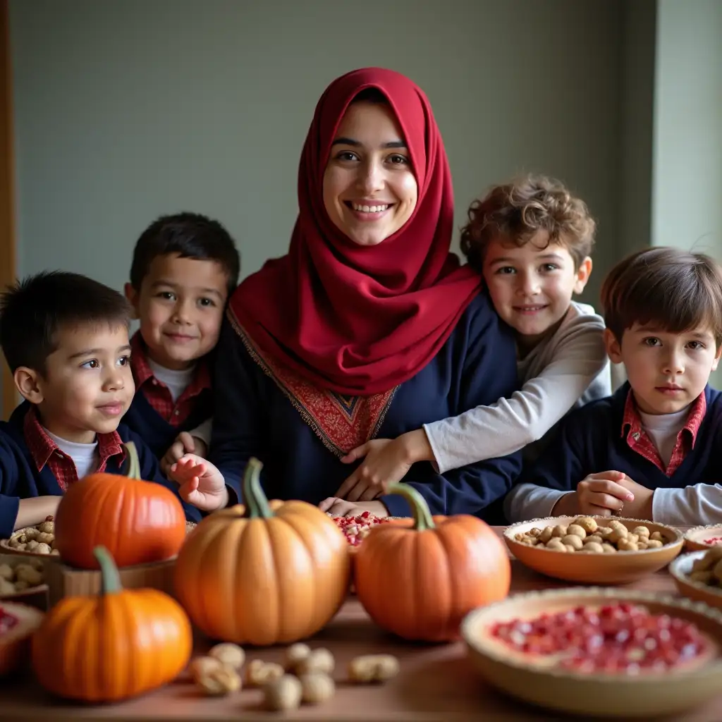 Iranian-Female-Teacher-in-Classroom-with-Yalda-Decorations-and-Students