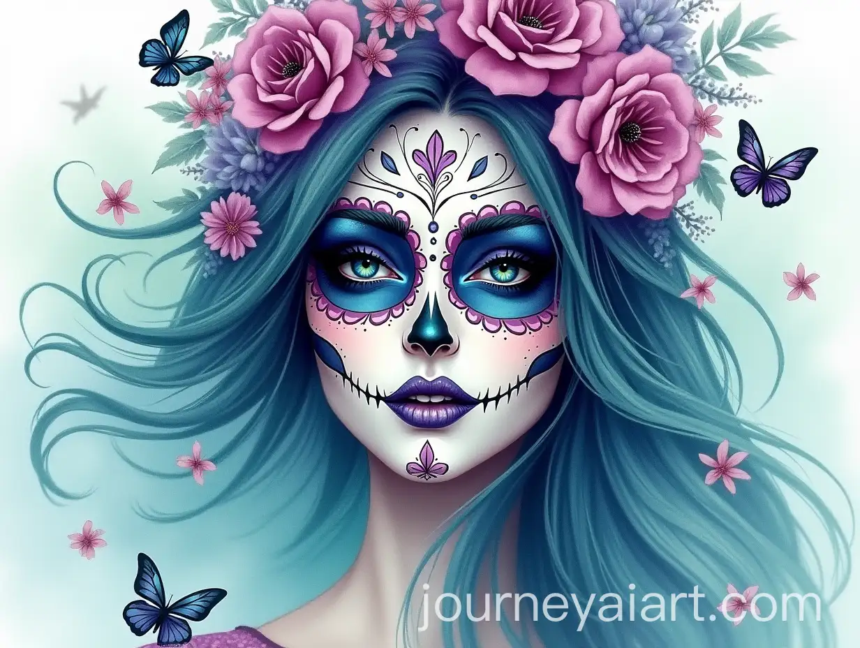 Watercolor-Portrait-of-a-Woman-withAI-Art-Prompt-Expansion-Sugar-Skull-Makeup-and-Flowing-Hair