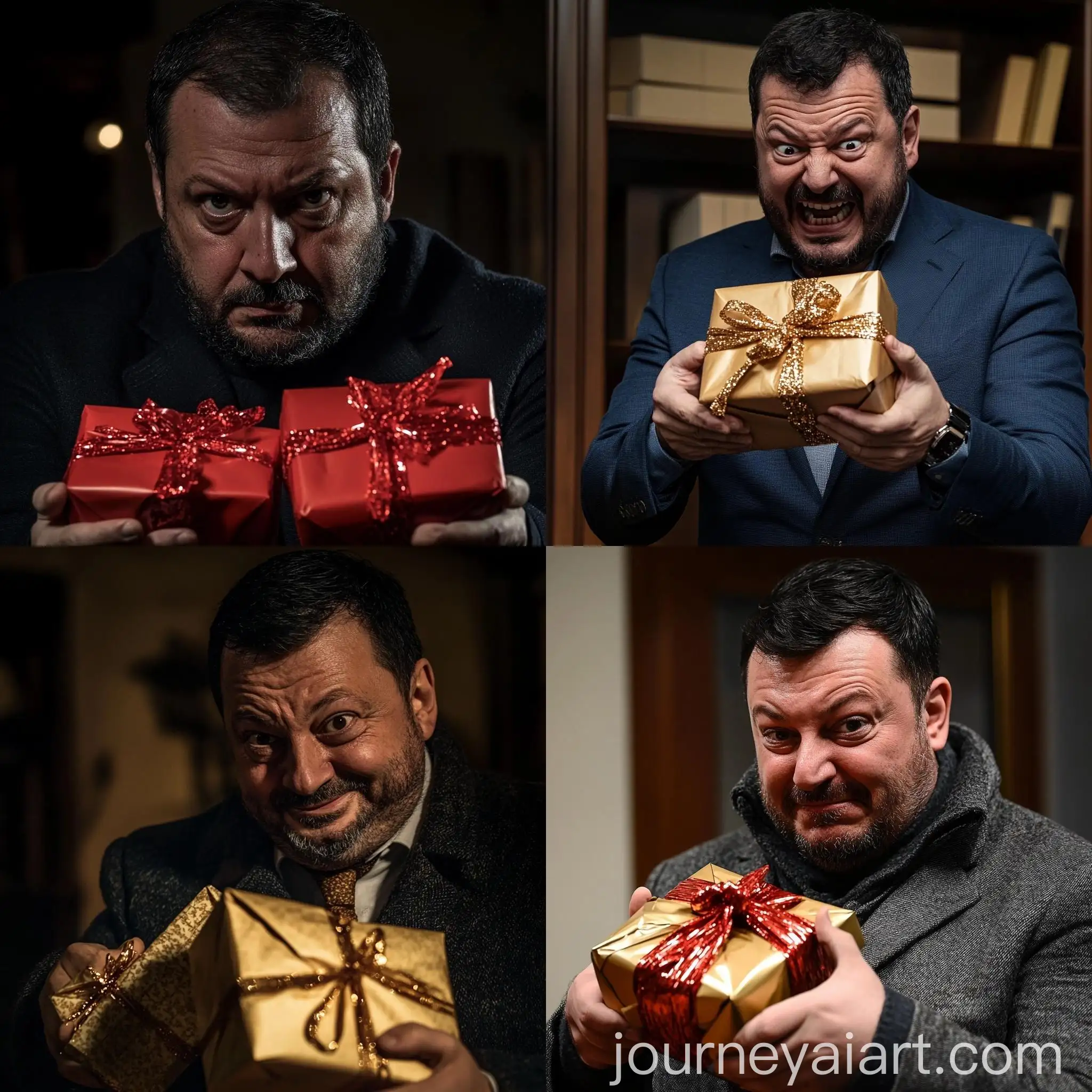 Italian-Politician-Matteo-Salvini-Unwraps-Gift-Packages-with-Demonic-Expression