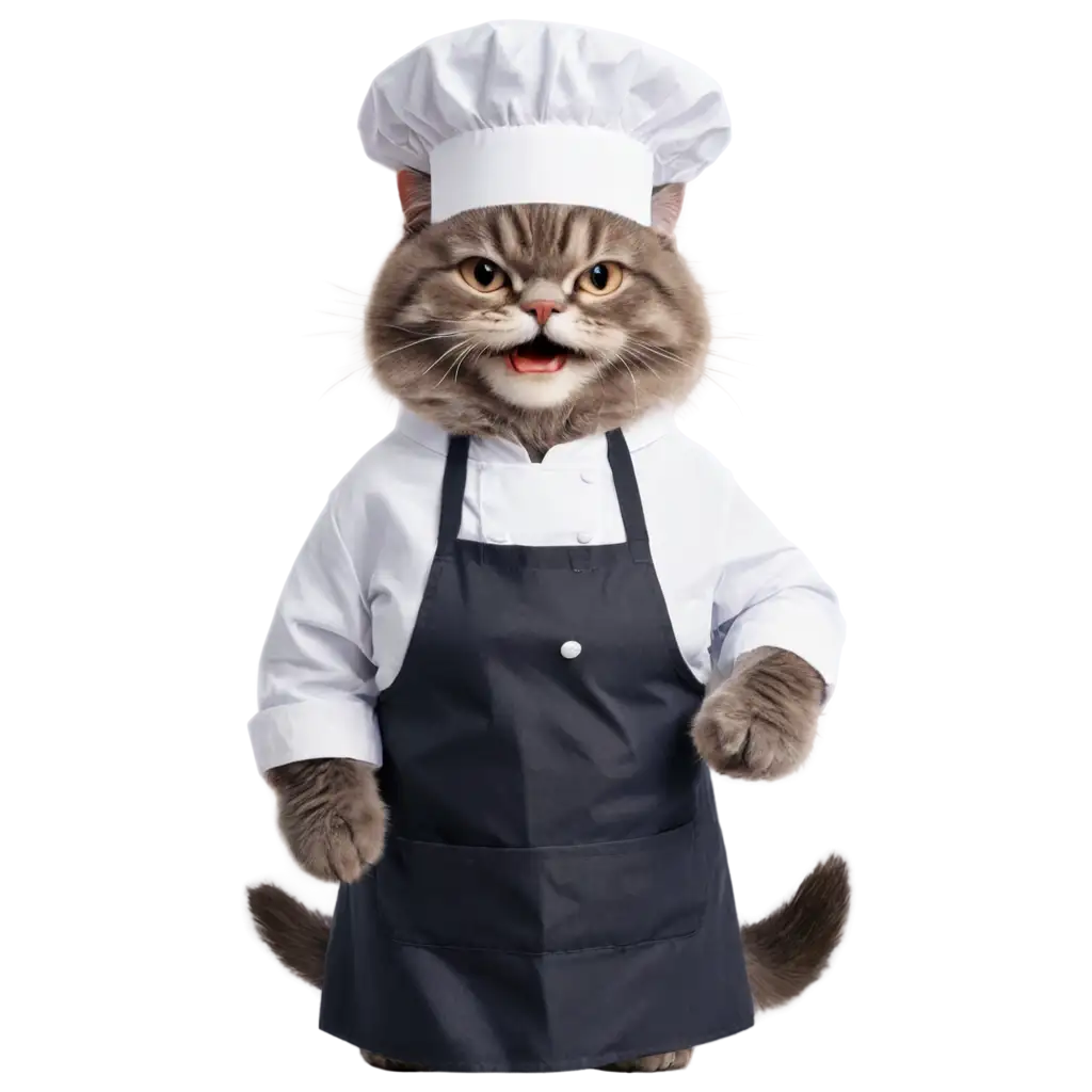 Plushy-Cat-Chef-in-Black-Apron-PNG-Smiling-Grey-Fur-Design-for-Digital-Art