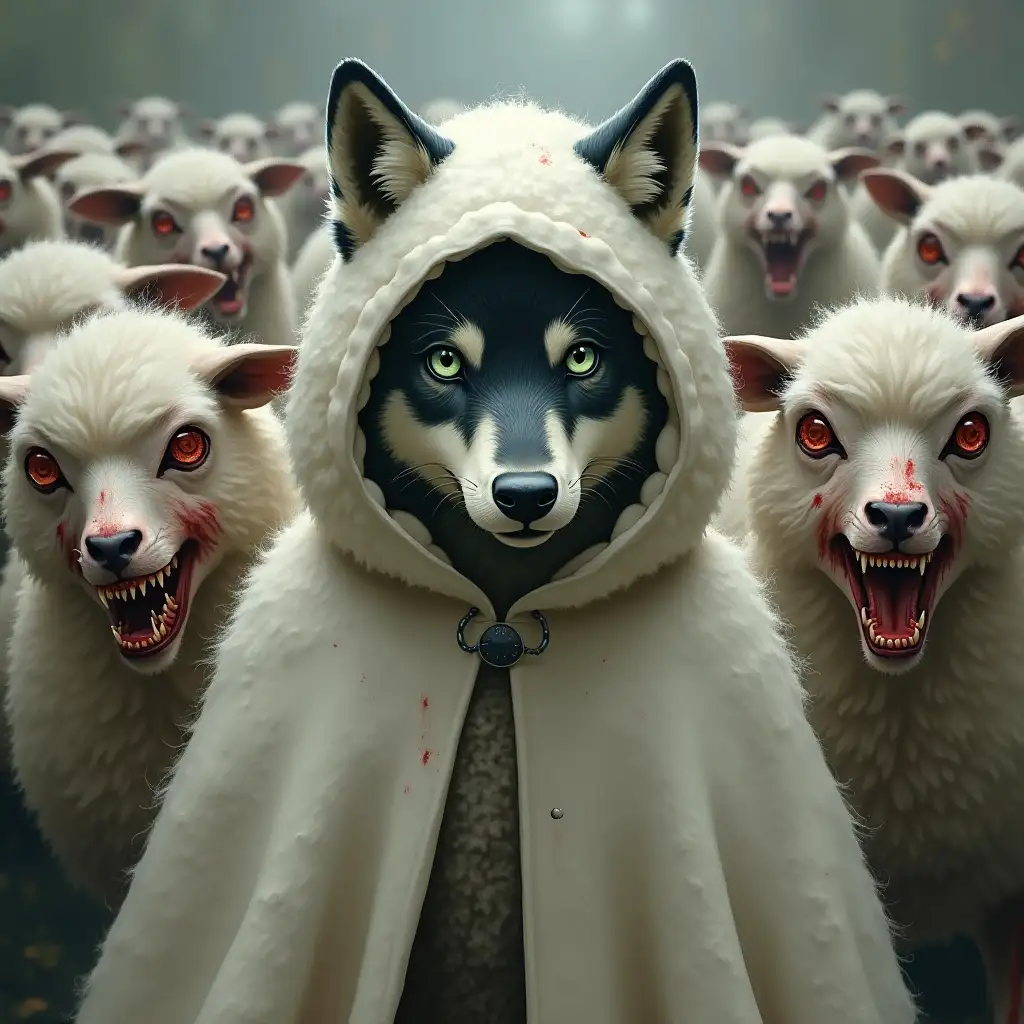 user_prompt: A distant view. Cute wolf with green eyes in a sheep mask. Wearing a clean cloak with hood that looks like white sheepskin, covered in thick woolly sheep fur. The hood almost covers the wolf's face. Around the wolf is a crowd of creepy zombie-sheep, with bloody sharp teeth, glassy red eyes, and dirty white skins with wounds. The wolf does not stand out from the crowd. A dramatic painting in oil.