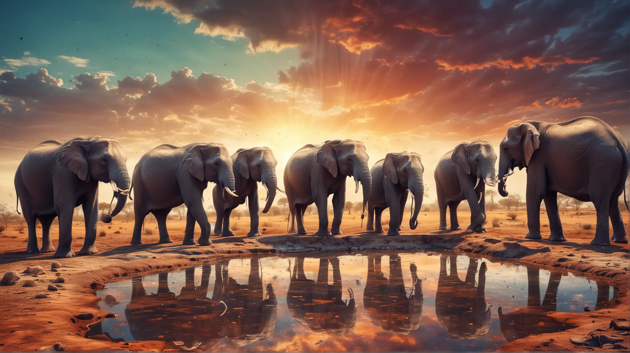 Group of Elephants at Watering Place in Psychedelic Style