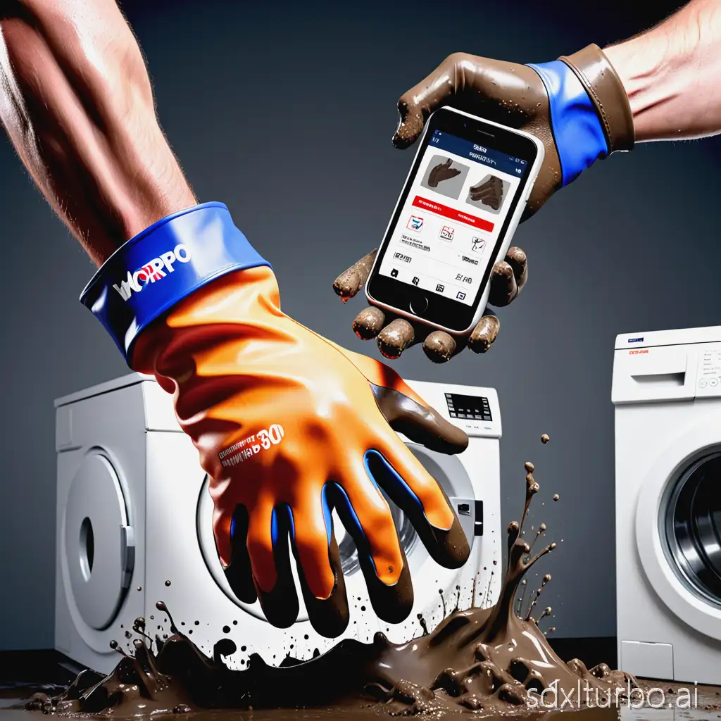 A powerful work glove “WorkPro 360” in action, displayed in a striking and surreal style: a farmer with muddy hands wears the glove, he picks up nails with a magnetic loop, operates a smartphone with the touchscreen finger, and simultaneously steps into a washing machine from which he emerges fresh and clean. Dynamic, vibrant colors, realistic but slightly exaggerated, in the style of a professional advertisement image. Add a clear text banner: ‘20% discount on your first pair!’
