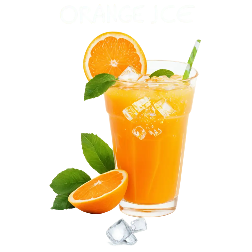 Surreal, big plastic cup full of orange juice, visible ice cubes, background of orange tree and mint leaves with water splash, the plastic cup has the words with the stylish font, next to the plastic cup there were many cubes of ice