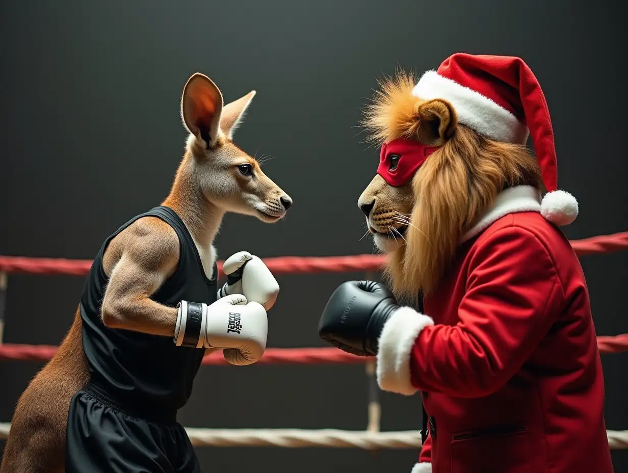 Clear! Here's the new message of a kangaroo facing another animal in a boxing ring: In the center of the ring, a kangaroo wearing a black boxing suit and a pair of white gloves with black ribbons, faces a lion in Christmas clothes and a red suit with a mask on his face. The two adversaries stand face to face, with their gaze fixed on each other, ready to begin combat.