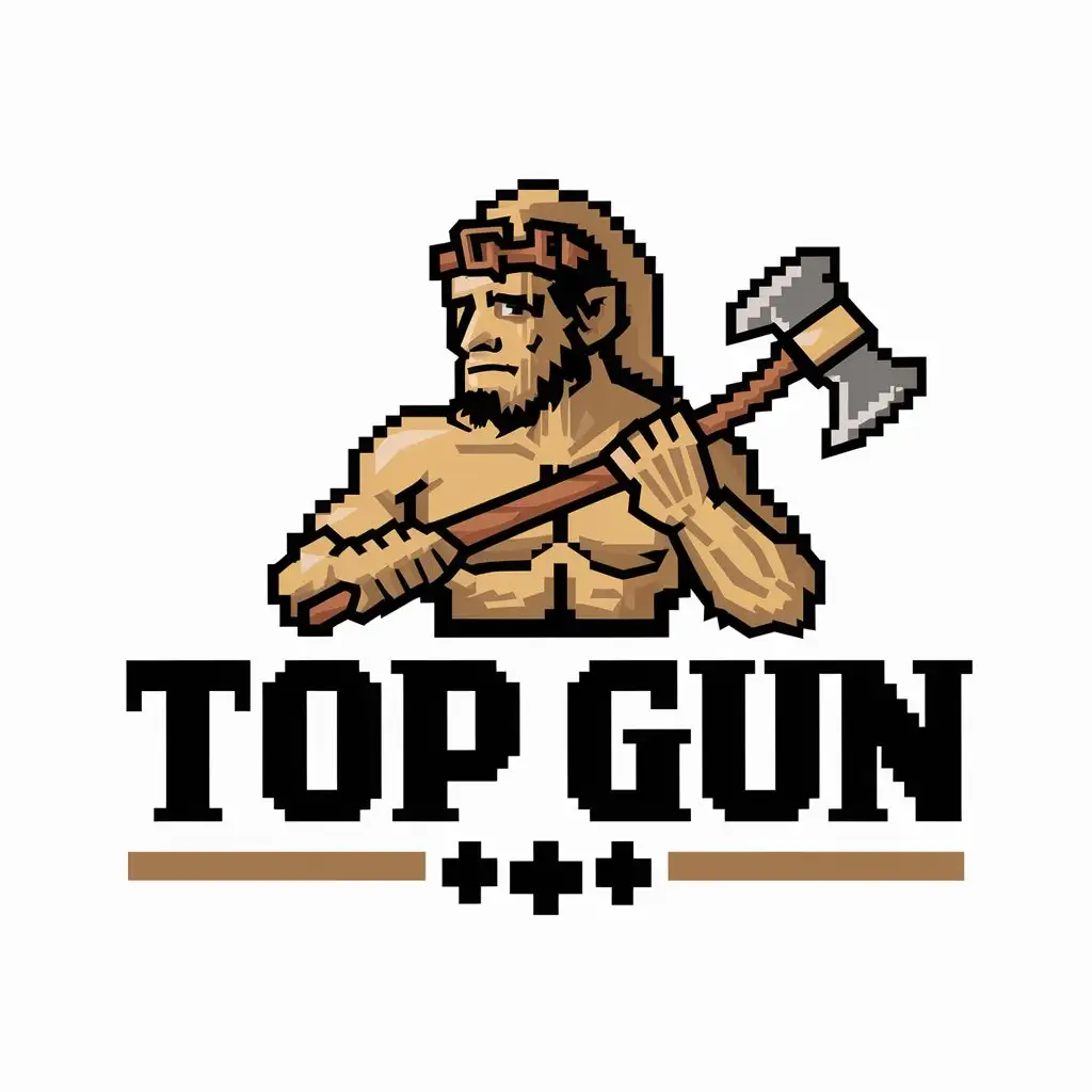 a vector logo design,with the text "Top Gun", main symbol:Minotaur with a two-handed ax in pixel style,Moderate,clear background