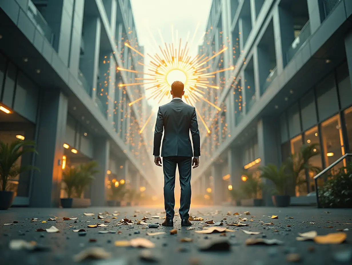 Create a compelling image of a man embodying the essence of a consciousness revolution. He stands in an innovative, urban environment that reflects a blend of technological advancement and organic elements. The man is dressed in an avant-garde suit that symbolizes transformation and enlightenment...