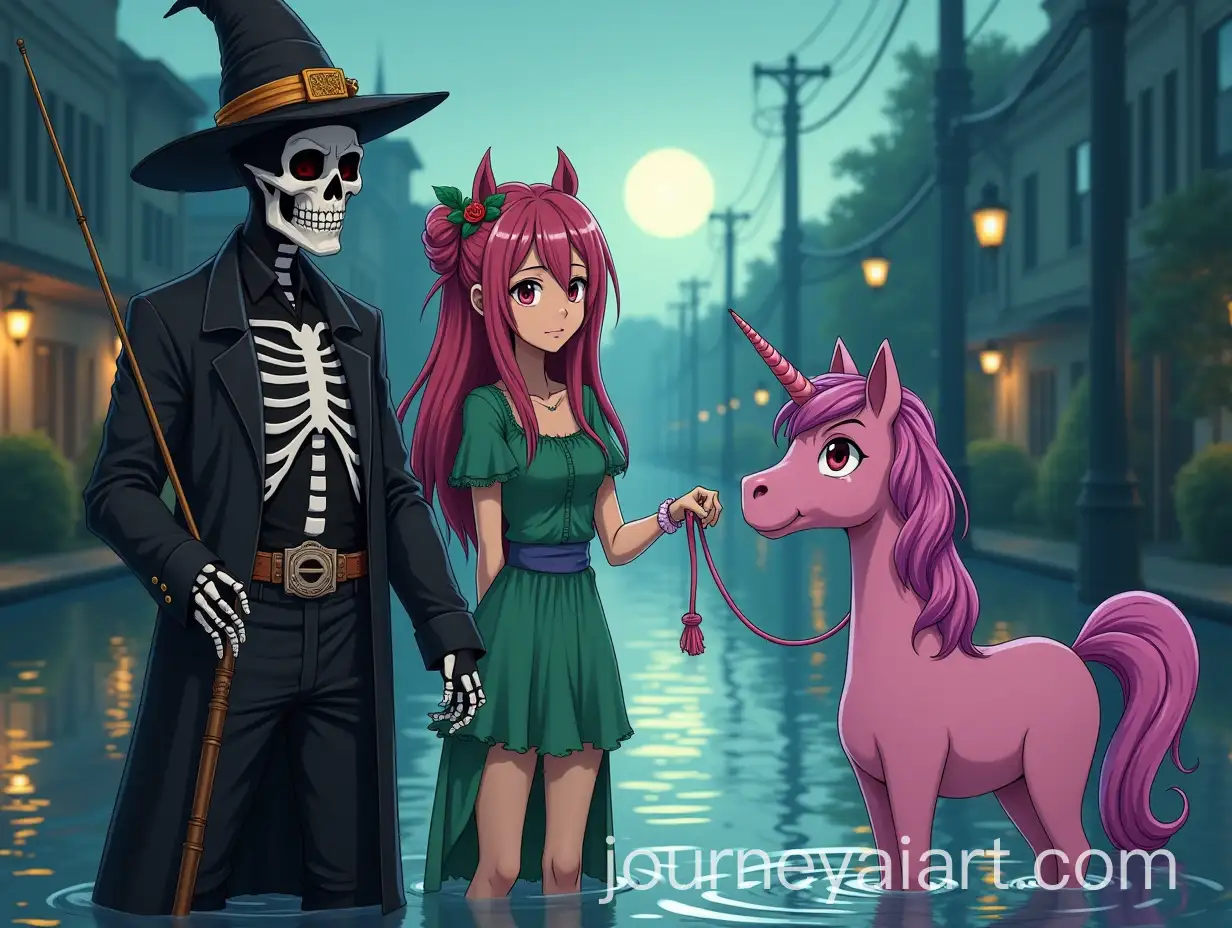 Anime-Couple-in-Halloween-Costumes-by-Flooded-Street-with-Unicorn-and-Fishing-Rod