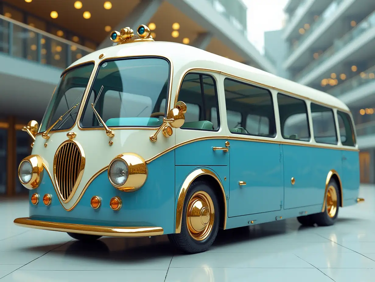 Supermoderne utopische Sportarten Omnibus with Gold and white Blitzblue color with round Ornaments,lowered bodywork, 18-inch rims, aluminum wheels, Cream Blue Gold, Cyberpunk.